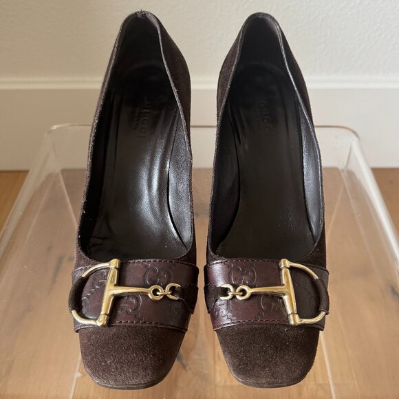 Gucci Shoes - Gucci Vintage Horsebit Brown Suede Pumps Square Toe Block Heel Size 7 Resoled